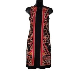 EVO VARRO Sleeveless Dress Sheath Black Gold Red Print Career Party Cocktail S